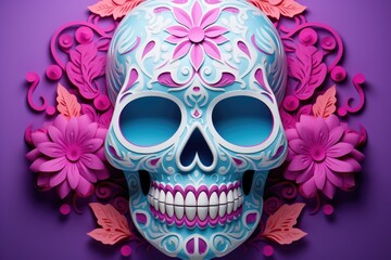 Mexican typical skull decorated for Dia de los Muertos or the Day of the Dead with purple colors isolated, AI Generated
