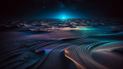 Fotobehang Colorful neon iridescent desert sand, space and stars abstract background in a dark moonlit scene © Clint English
