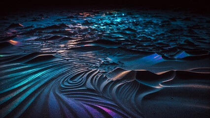 Colorful neon iridescent desert sand, space and stars abstract background in a dark moonlit scene