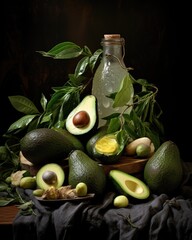 Fresh avocados with leaves on dark background, AI Generated