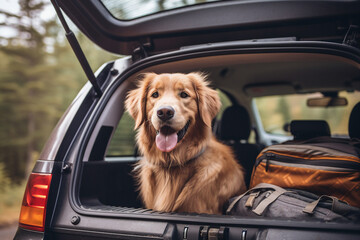 Generative AI picture of funny dog sitting in car trunk ready for summer vacation trip