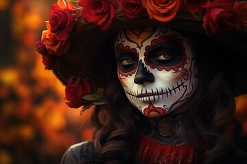 Dia de los muertos. Day of The Dead. Woman with sugar skull makeup on a floral background. AI Generated