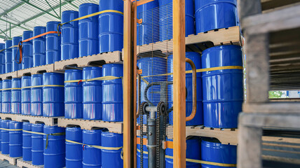 Chemical storage tanks neatly stored on wooden pallets in Warehouse. Warehouse management and...