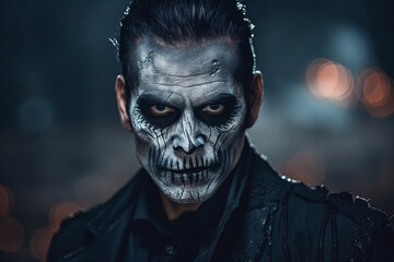 Brutal portrait of muscular man dark scarred barbarian anti hero skeleton hunter Generative AI