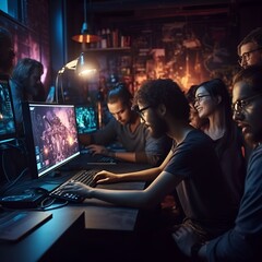 diverse people programming a videogame in a gamestudio