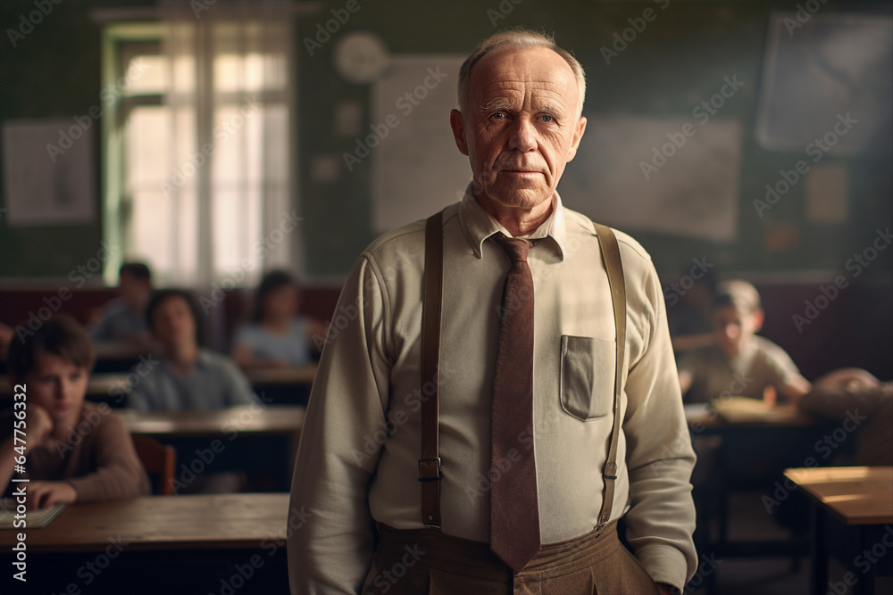 Wall mural Photo of senior handsome old man standing in class room sunshine day educational settings  background generative AI