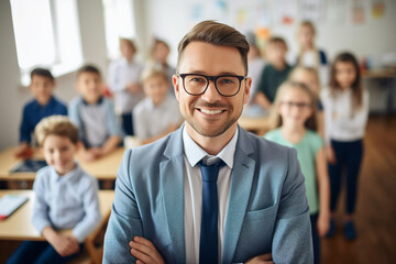 Generative AI portrait of confident male teacher looking at camera schoolkids on background in class room at the elementary school