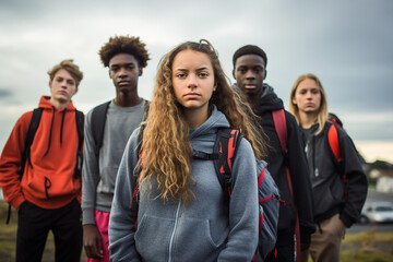 Obraz premium Generative AI image of many students best friends walking to school together september day