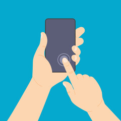 Hand holds smartphone and touch blank screen. Phone mock up or template. Finger clicks to display. Vector illustration in modern flat style isolated.