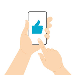 Hand holds smartphone and press like button. Likes notification icon. Reactions to a social media. Mobile phone with heart and love emoji icon. App template. Vector illustration in modern flat style.
