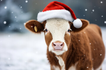 Portrait of a cow wearing a Christmas Santa hat