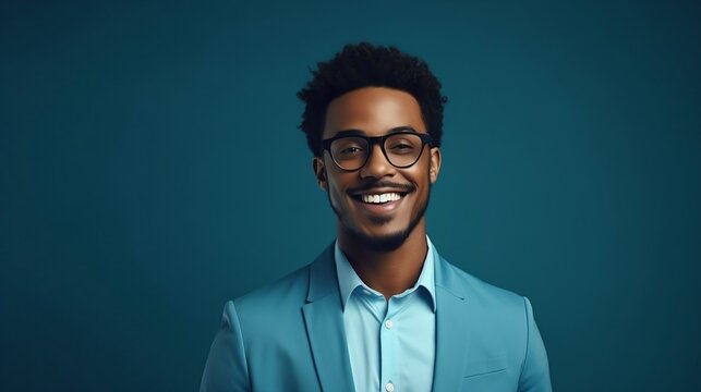 Young African American Man In Eyeglasses On Blue Background