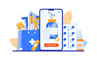 Online pharmacy illustration with medical elements: syringe, thermometer, pills, ointment, pipettes, mercury and electronic thermometers, cough syrup, inhaler, ampoules, anti-stuffy nose.