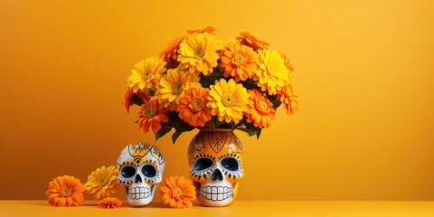 Day of the dead Celebration Background With sugar Skull, marigolds flowers, AI Generated