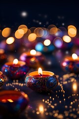 Diwali background and copy space, burning candles with bokeh background, generative ai 