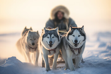 Fototapeta premium Husky dogs are pulling sledge at winter forest, deep snow on the path