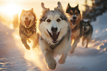 Husky dogs are pulling sledge at winter forest, deep snow on the path