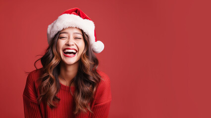 Asian woman smile in santa claus red hat, Christmas background design