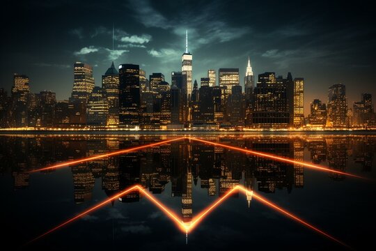 Arrows intersecting over iconic New York skyline. Generative AI