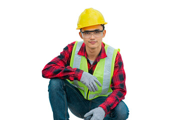 Engineer wearing a yellow hat Sitting looking at the camera and smiling on a white screen