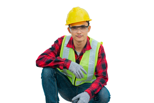 Engineer wearing a yellow hat Sitting looking at the camera and smiling on a white screen - Powered by Adobe