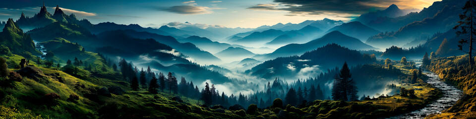 panoramic landscape with fog, mountains, forest