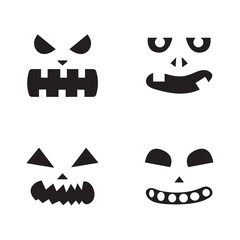 Set of helloween scary faces in black on white background for icons, helloweenn posters, stickers, fabrics