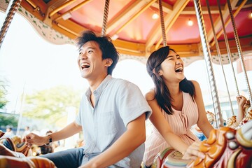 Asian couple on the carousel with laughing and happy mood.