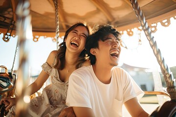 Asian couple on the carousel with laughing and happy mood. - obrazy, fototapety, plakaty