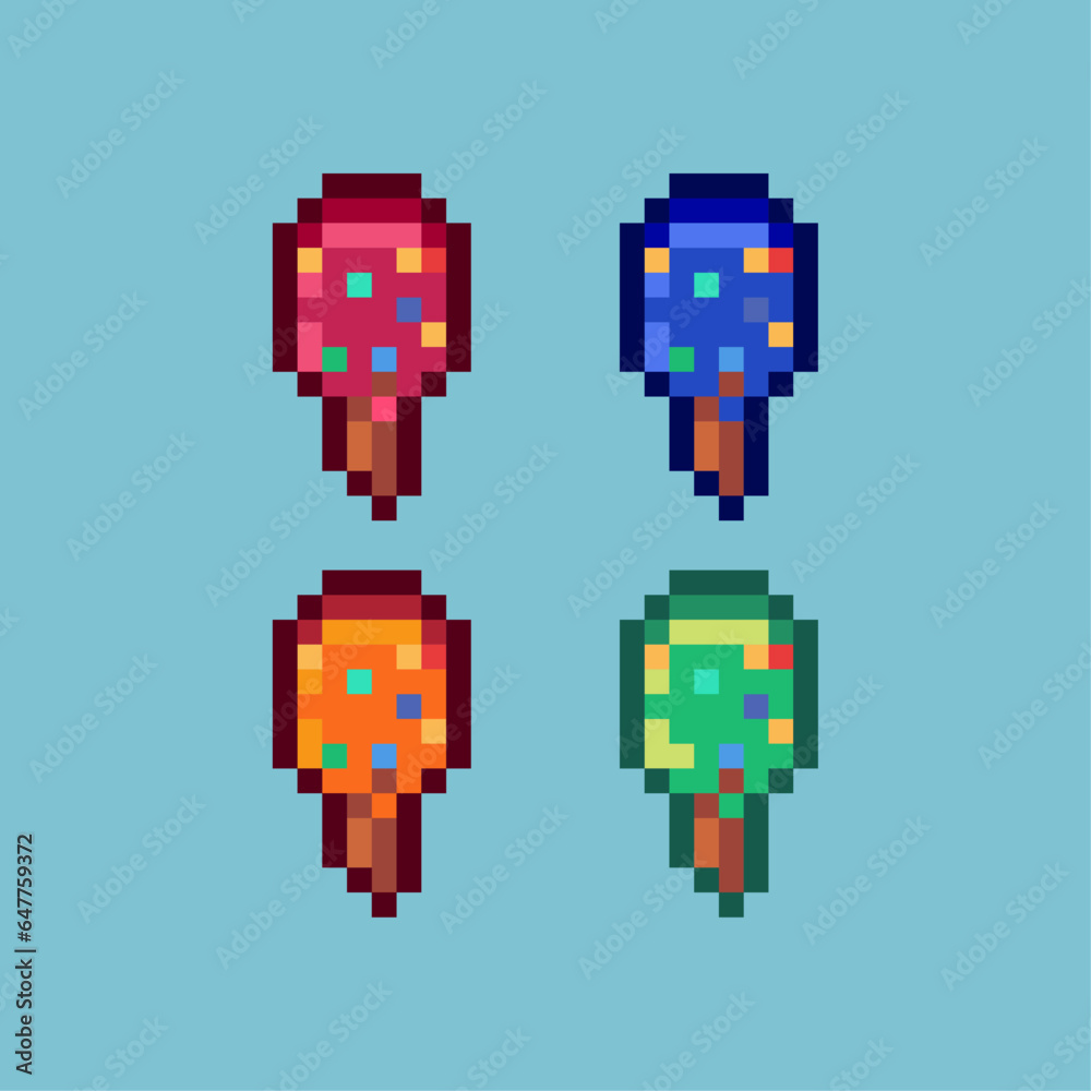 Poster pixel art sets of ice cream with variation color items asset. simple bits items game of ice cream on