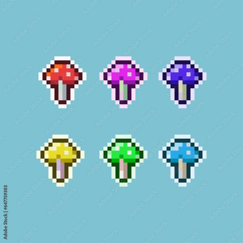Poster pixel art sets of poisonus mushroom with variation color items asset. simple bits of mushroom plant 