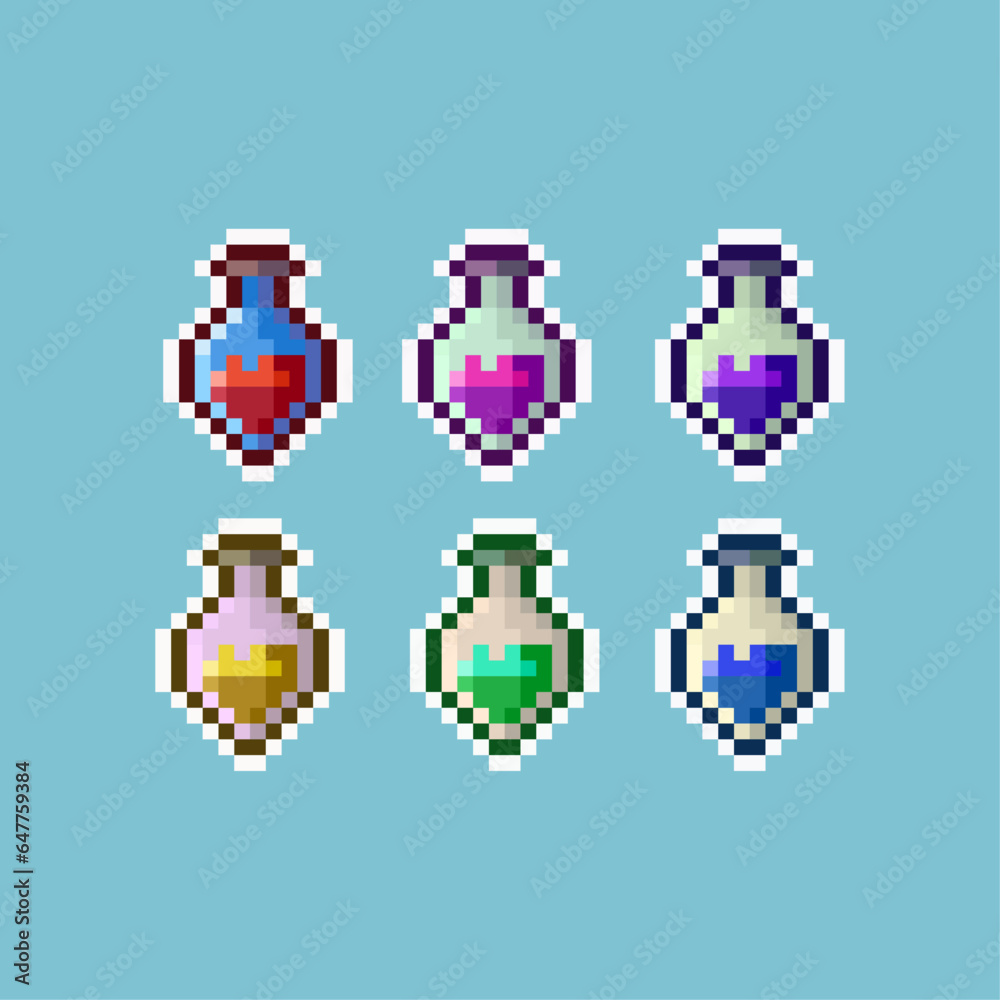 Poster pixel art sets of potion with variation fungsional items asset. simple bits of health potion glass o