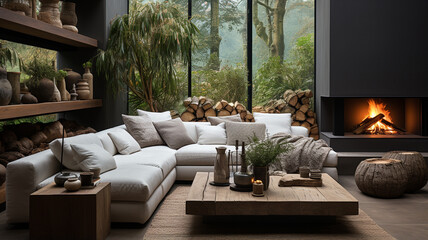 Fototapeta premium modern living room with fireplace, sofa and fireplace, interior design.