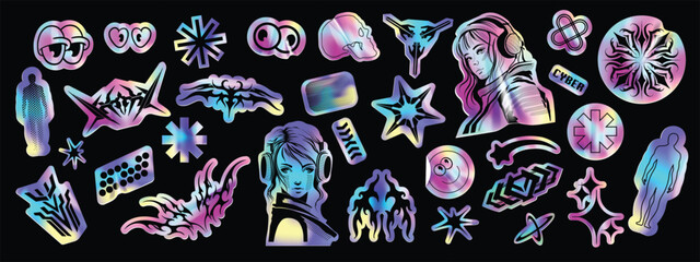 Fototapeta premium Holograph u2k sticker set, vector hologram cyber holo icon pack, space neon foil retro acid badge. Futuristic vintage stars, hype CD effect tag, trippy woman portrait clipart. Metal holograph sticker