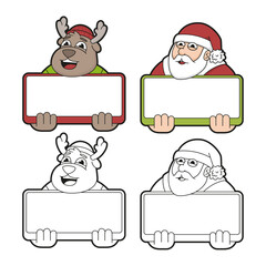 Vector illustration of cartoon deer and Santa with blank sign. Note cards, gift tags template.