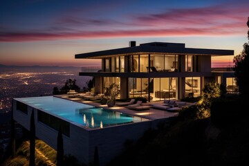 Fototapeta premium A luxurious house with a sparkling swimming pool in the front
