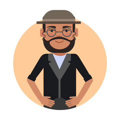 Orthodox Jewish priest flat vector circle icon. Religious man in round glasses with beard and headdress isolated on white background. Activities and professions, religion, faith concept
