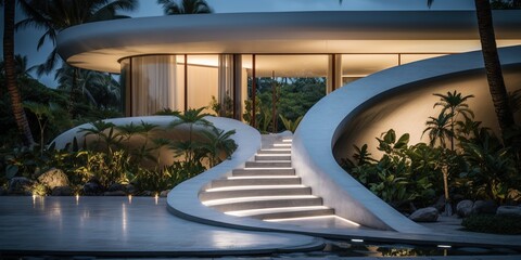 Generative AI, modern luxury house with lush tropical garden. Villa, hotel resort, architectural photography in the style of futuristic curves