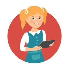 Red haired girl holding tablet in hand flat vector circle icon. School girl with pigtails using digital device to study and play isolated on white background. Children activities, technology concept