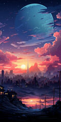 Skyline Odyssey: A Digital Painting of a City and Cloud Background for Mobile Gaming. Generative AI