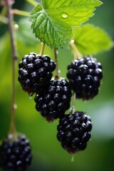 Fresh blackberries hanging on branch, AI Generated