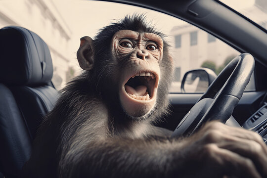 Ape driving a car, ape, driver, ape driver, car, animals driving 