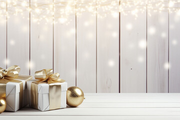 Gift boxes on white wooden table with bokeh background.