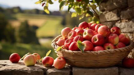 Photo of a basket filled with ripe apples on a rustic ledge created with Generative AI technology