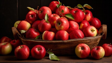 Photo of a rustic wooden basket overflowing with vibrant red apples created with Generative AI technology