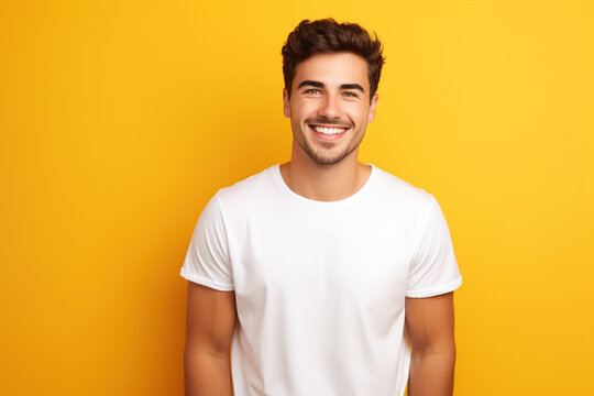 Young smiling caucasian man wearing blank white t-shirt isolated on yellow background. AI