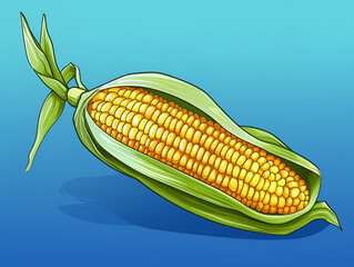 Illustration of fresh yellow corn cobs isolated on blue background