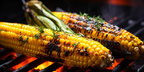 Close up of delicious grilled corn cobs on a grill with butter and herbs - obrazy, fototapety, plakaty