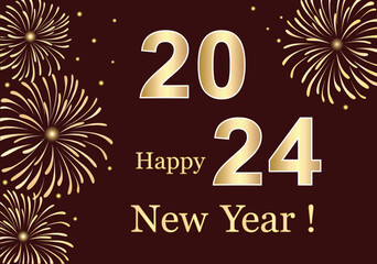  New Year 2024 background with golden numbers and fireworks. Vector illustration
