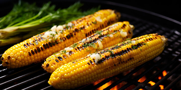 Close up of delicious grilled corn cobs on a grill with butter and herbs